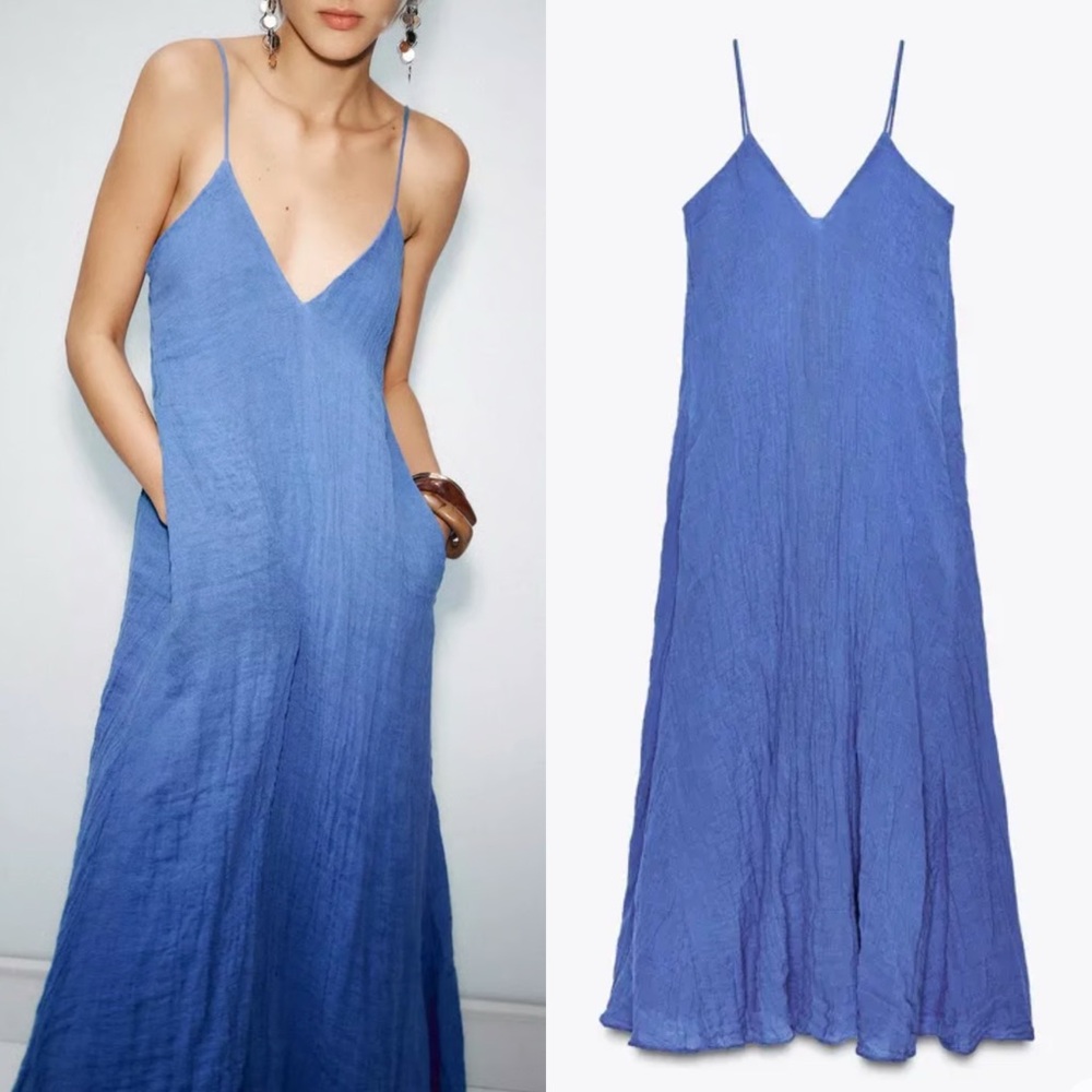 NWT ZARA BLUE LINEN BLEND DRESS ZW COLLECTION